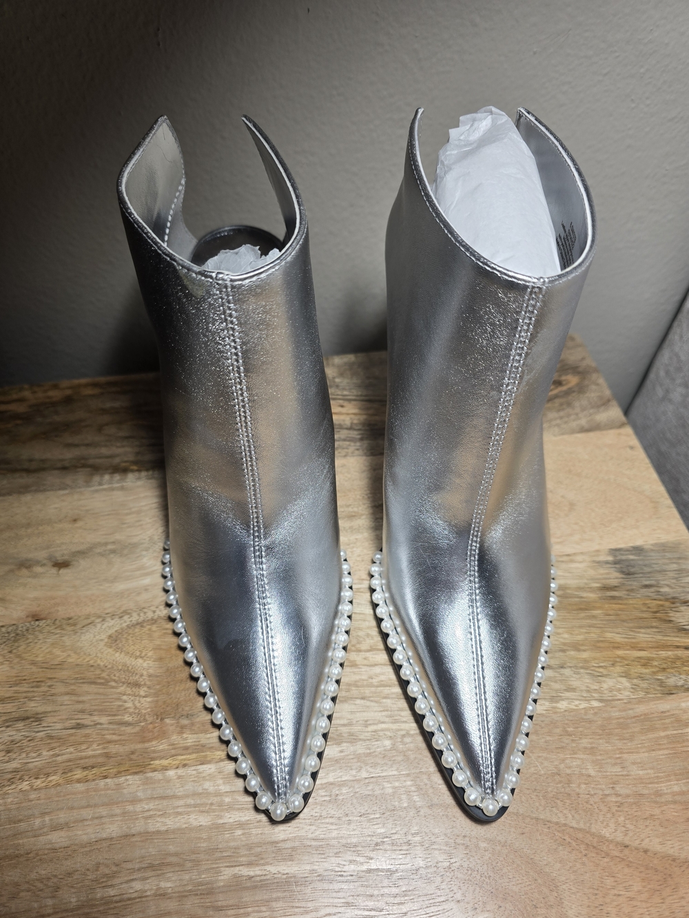 Karl Lagerfeld Silver Pointed Pearl-Trim Ankle Booties